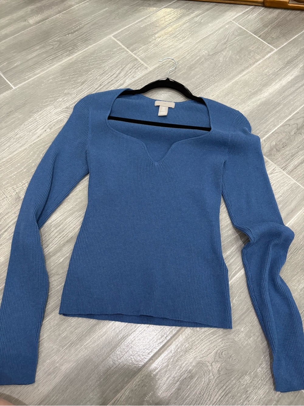 H&M Blue Ribbed Square-V Long Sleeve Top